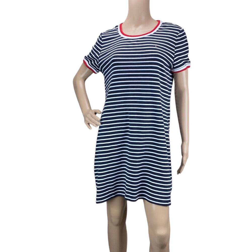 Tommy Hilfiger L Navy White Striped T-Shirt Dress Pullover Stretch Cotton Tee